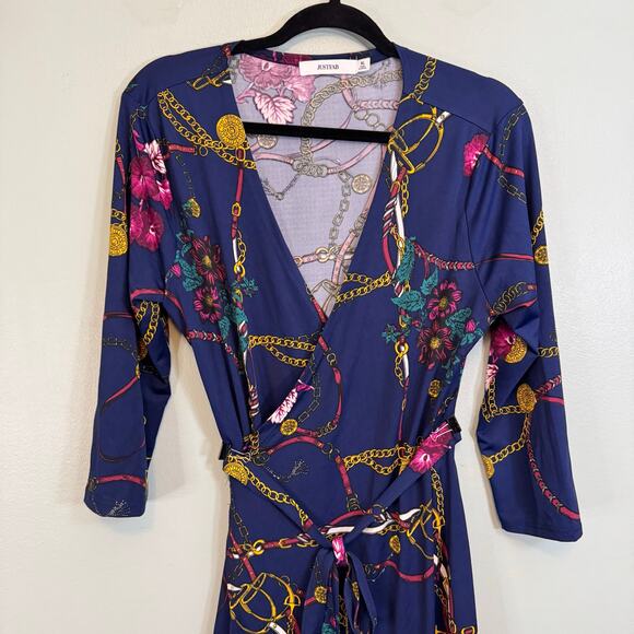 JustFab Mini Wrap Dress XL Blue Multi Chain Floral Tie Waist Surplice Equestrian - Picture 3 of 8